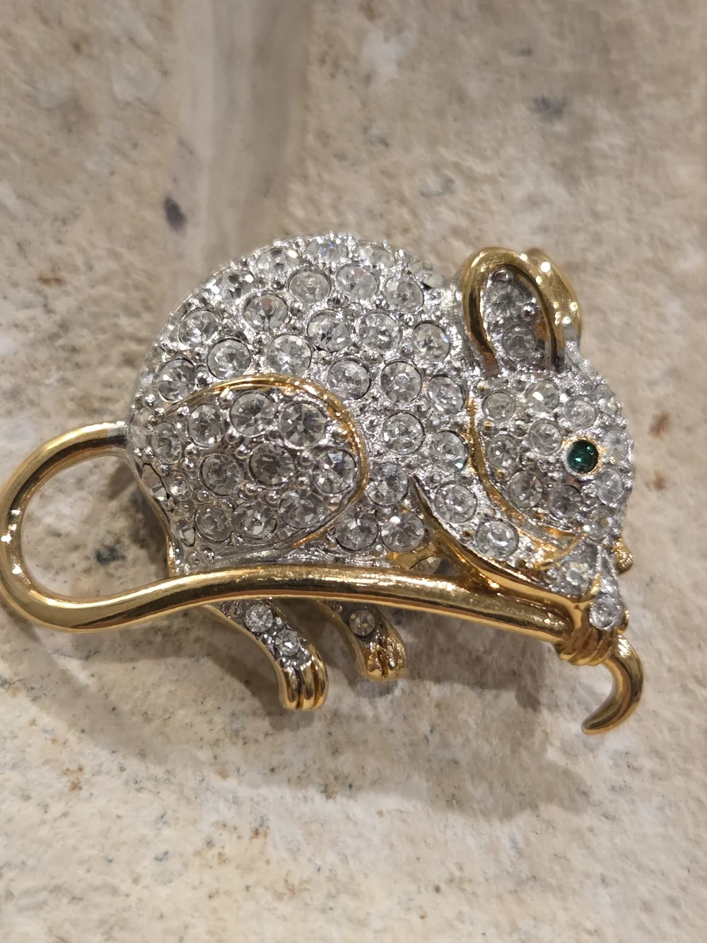 Vintage Carolee Gold and Clear Crystal Mouse Brooch with Green Eye 1